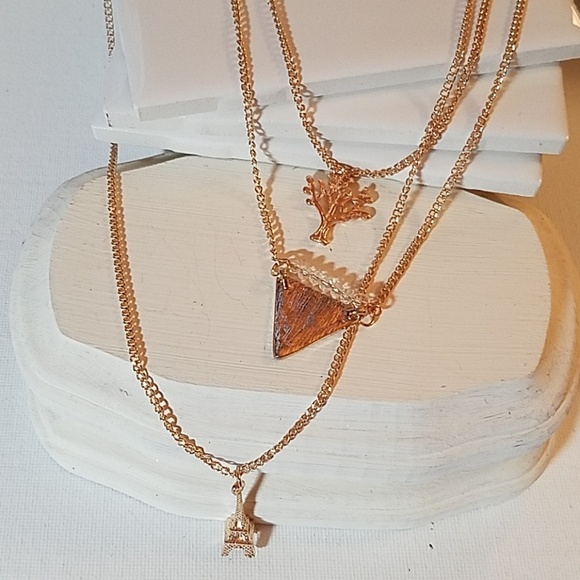 3 Strands 3 Charms Gold Tone 20" Necklace Effiel Tower Paris Triangle Tree Bead - Picture 1 of 4